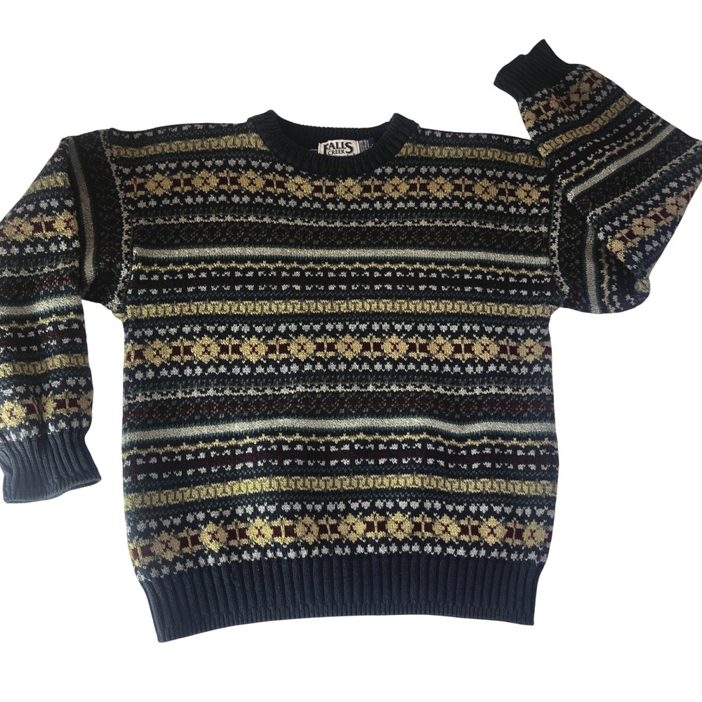 Vintage 90s Adult Large Fair Isle Cotton Sweater Made in USA Navy Green Preppy
